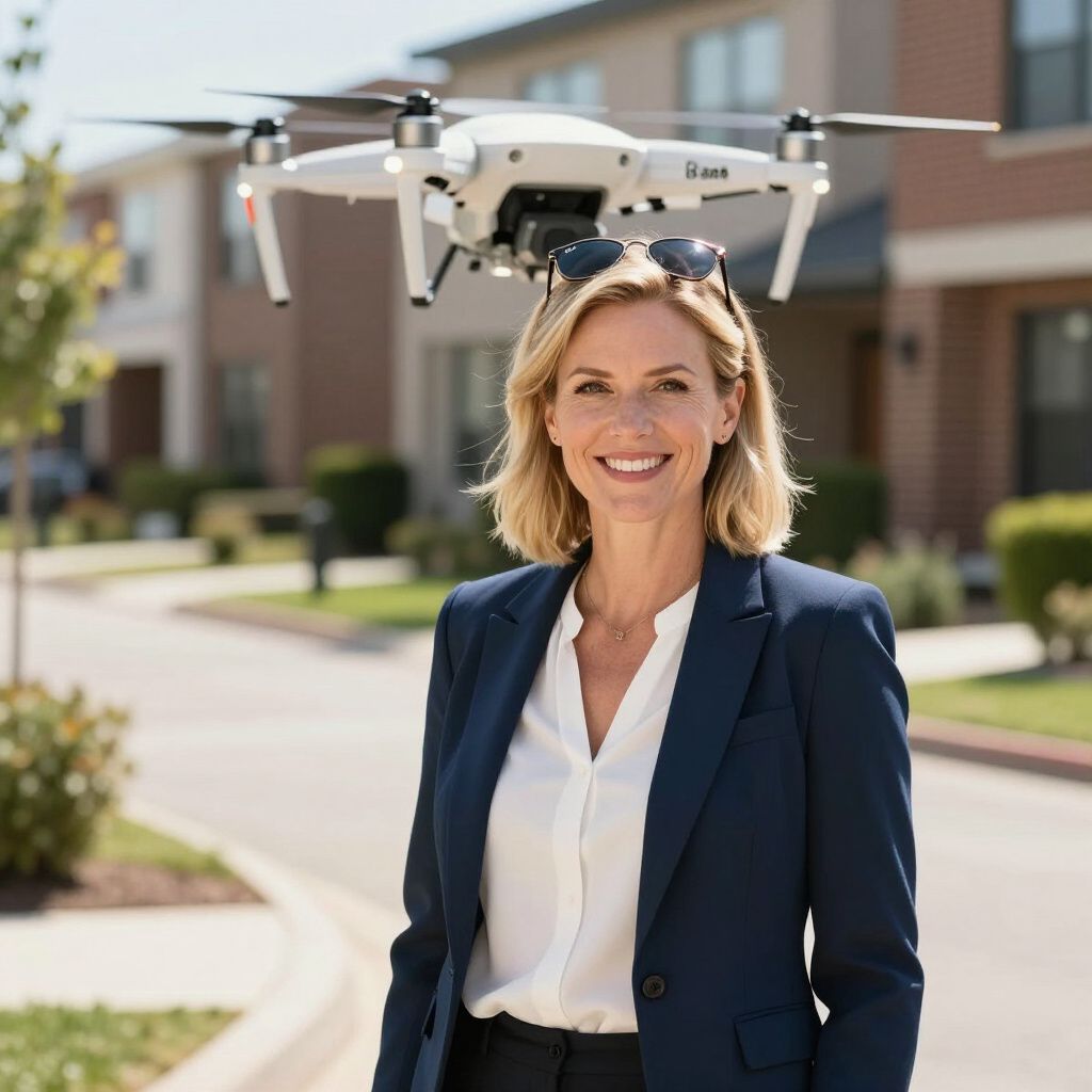 Vrouw in pak met een drone boven haar hoofd, buiten, lachend. Huizen en straat op de achtergrond.