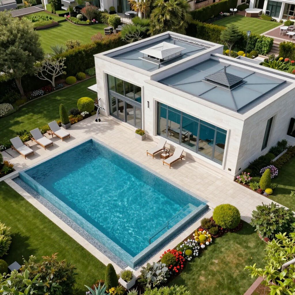 Moderne woning met zwembad, terras en een verzorgd gazon. Blauw zwembad, wit huis en groene tuin.