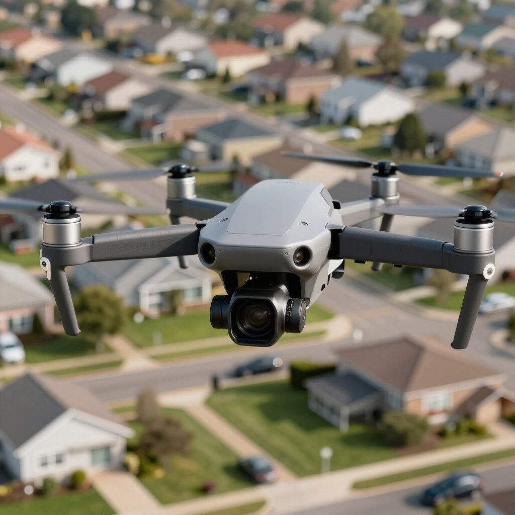 Drone vliegt boven een woonwijk; grijze drone, groene gazons, huizen.