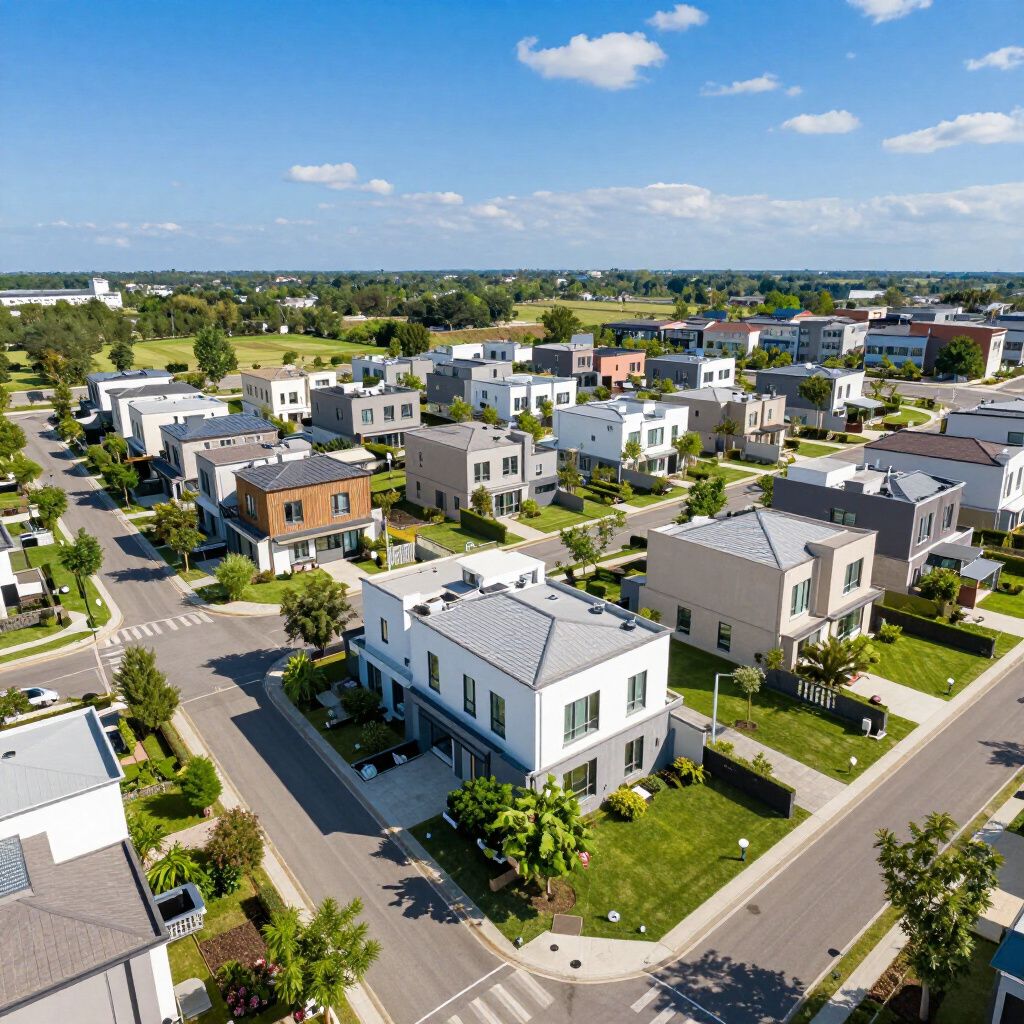 Luchtfoto van een moderne woonwijk met kubusvormige huizen, straten en groene gazons onder een blauwe hemel.