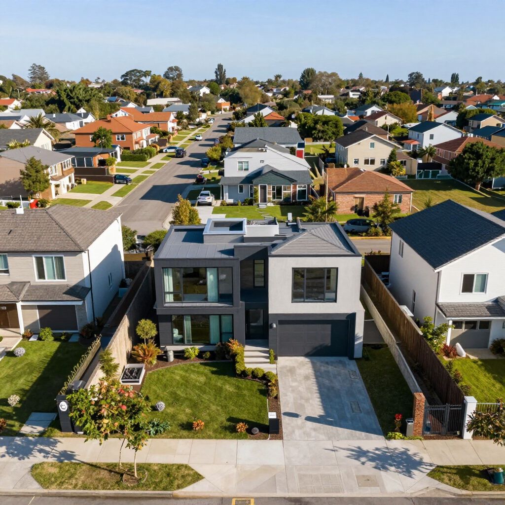 Moderne woning met twee verdiepingen, een donkergrijze en witte buitenkant, in een buitenwijk, op een zonnige dag.