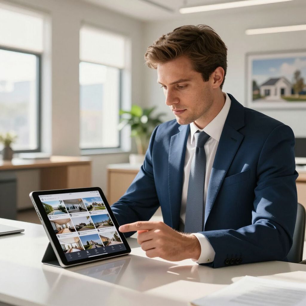 Man in pak gebruikt tablet om foto's van thuis te bekijken op kantoor.