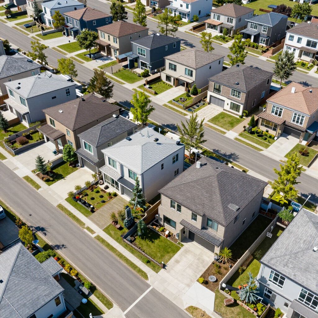 Luchtfoto van een buitenwijk met rijen moderne huizen van twee verdiepingen, groene gazons en straten.