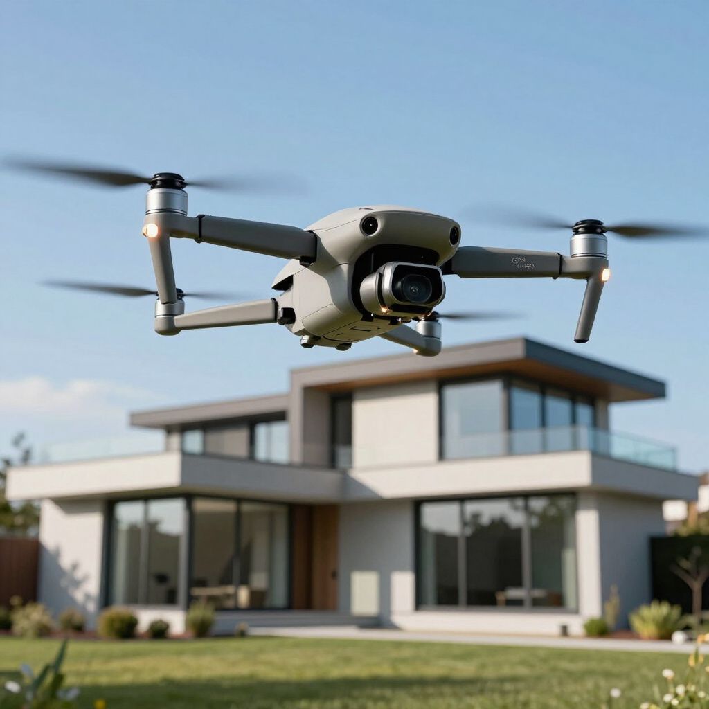 Een drone zweeft voor een modern huis en maakt luchtfoto's.