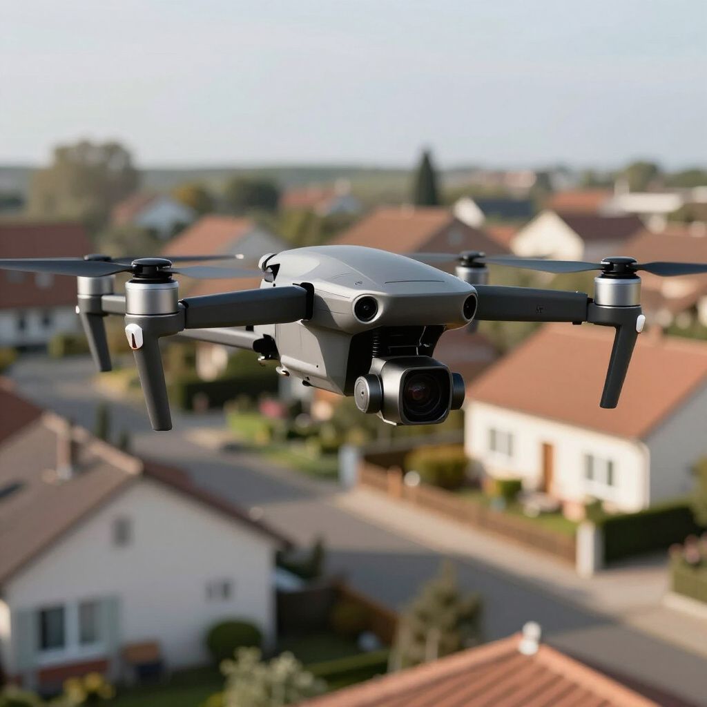 Een drone zweeft boven een woonwijk en maakt luchtfoto's.