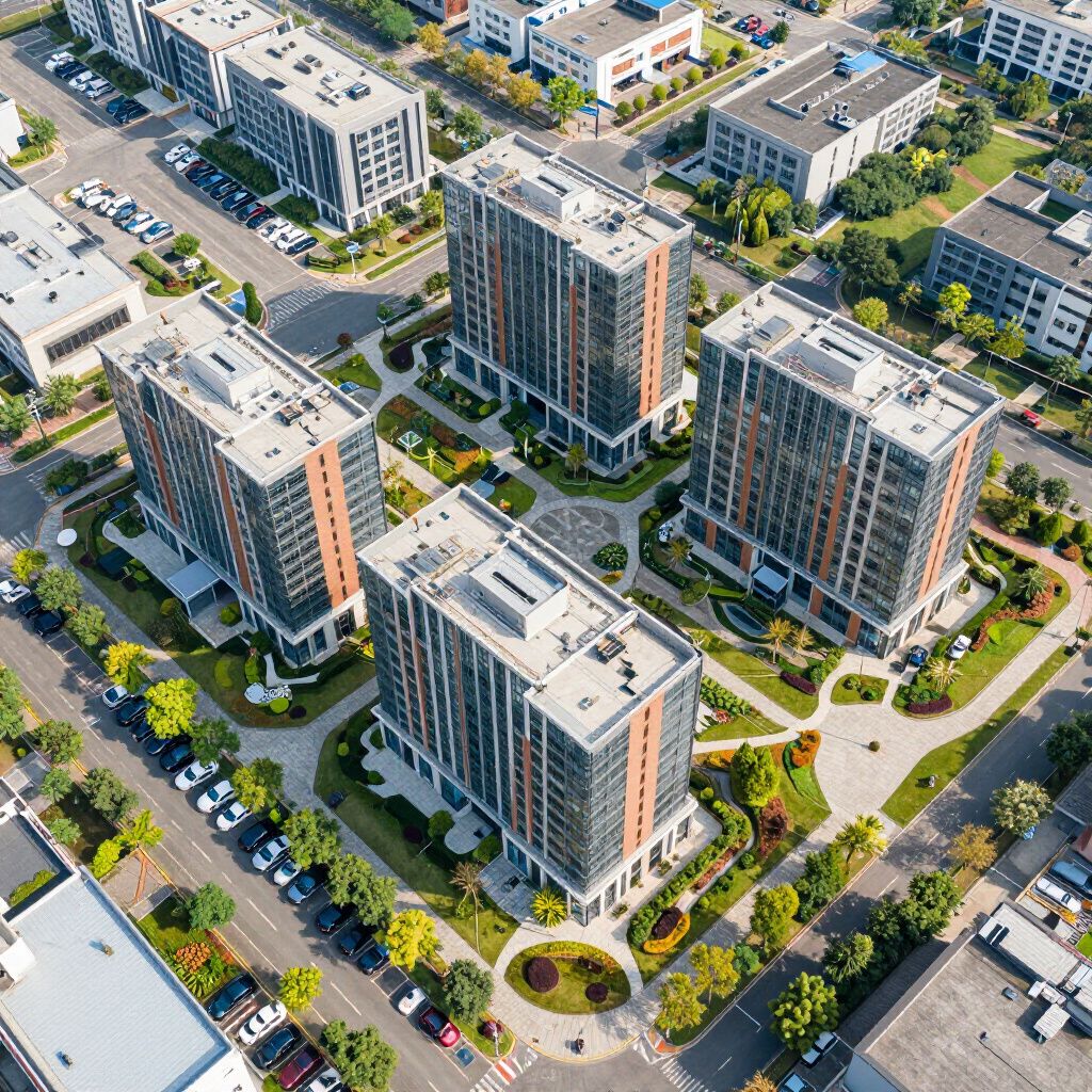Luchtfoto van vier moderne appartementencomplexen, omgeven door groen, bomen en parkeerterreinen.