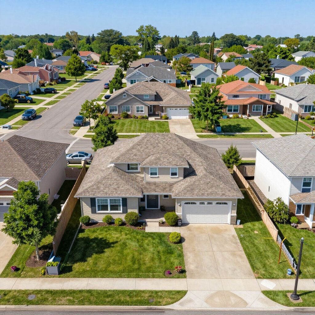 Luchtfoto van een buitenwijk met huizen, bomen en straten op een zonnige dag.