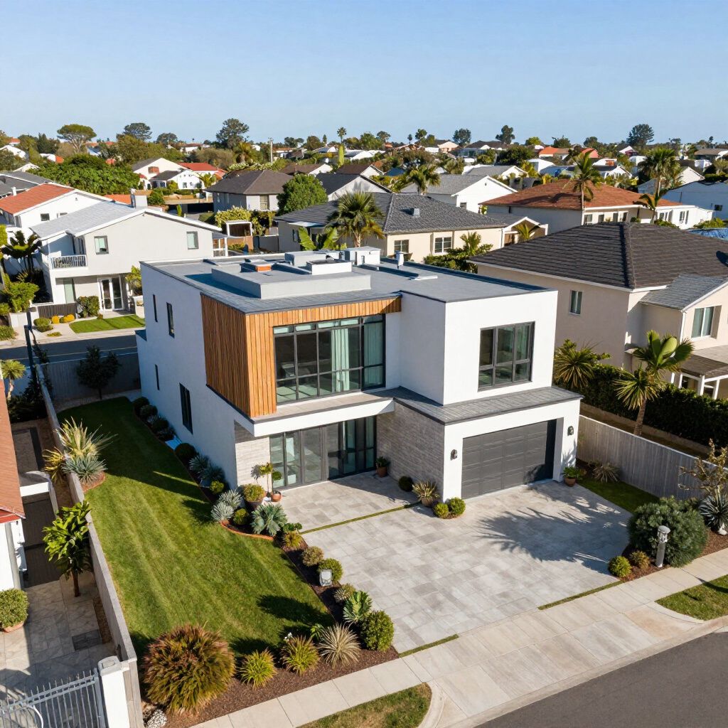Moderne witte woning met houten accenten, grijze natuursteen en een zwarte garagedeur, gelegen in een woonwijk.