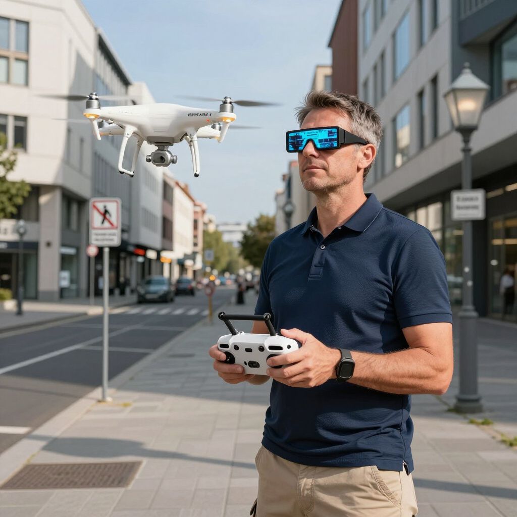Een man met een zonnebril bestuurt een drone in de stad met de afstandsbediening in zijn hand. De drone is in de lucht.