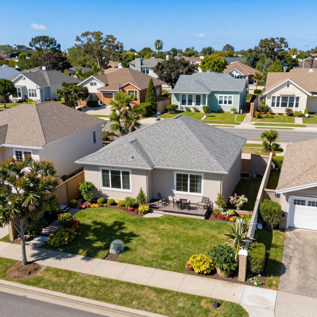 Luchtfoto van huizen in een buitenwijk op een zonnige dag. Groene gazons, bomen en grijze daken zijn zichtbaar.