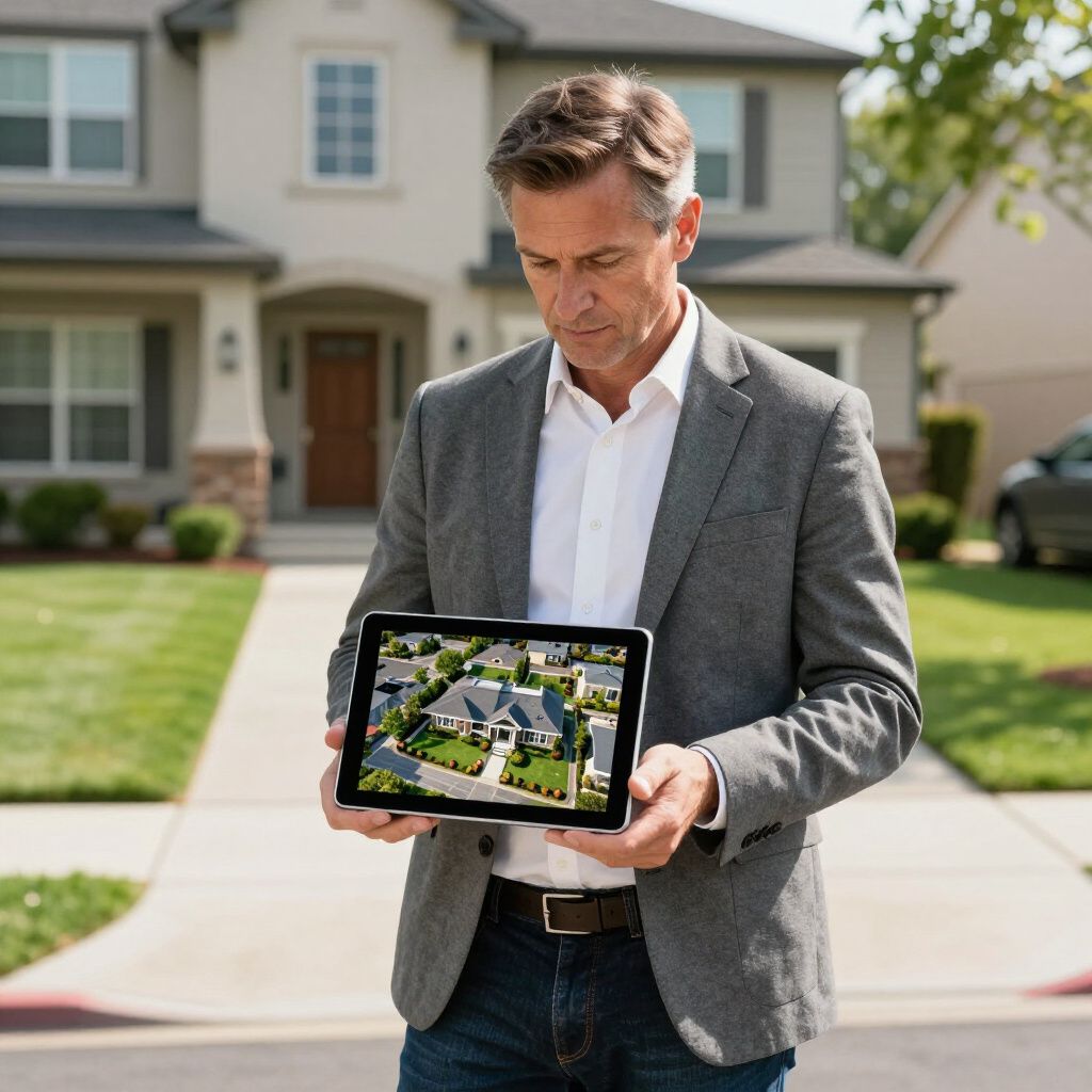 Een man in een colbertjasje houdt een tablet vast waarop een buurt te zien is, en staat voor een huis.
