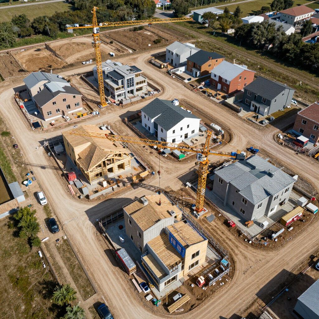 Luchtfoto van een nieuwbouwproject met diverse huizen in aanbouw en een gele kraan.