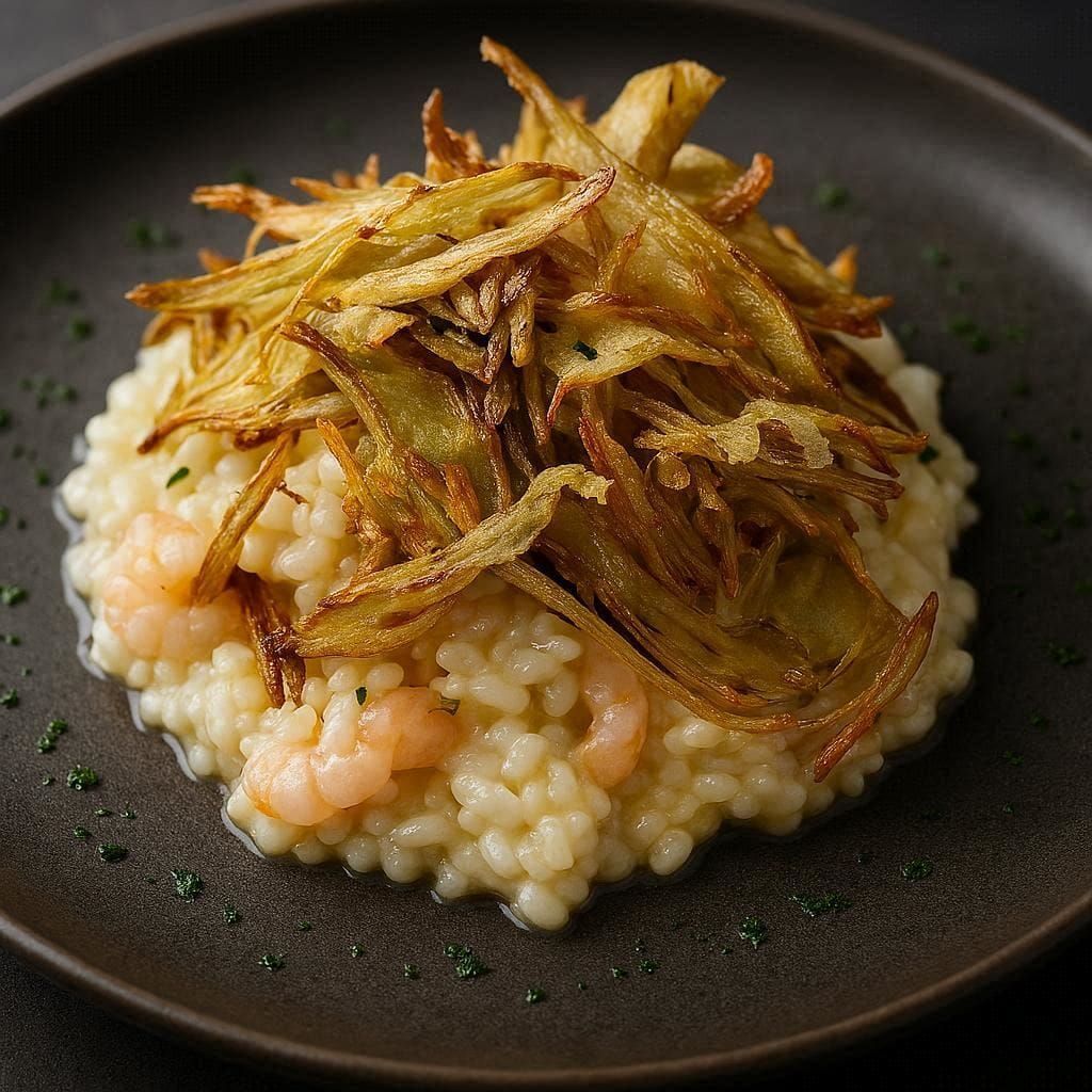 Risotto cremoso con cipolle fritte croccanti, servito su un piatto nero.