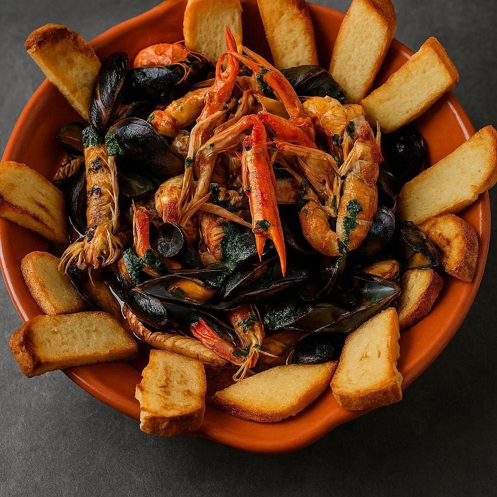 Zuppa di pesce con cozze e granchio in una ciotola arancione, contornata da fette di pane tostato.