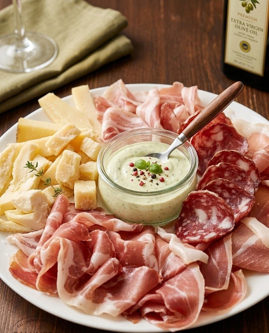 Piatto di salumi con prosciutto crudo, salame, formaggio e salsa alle erbe aromatiche su un piatto bianco.