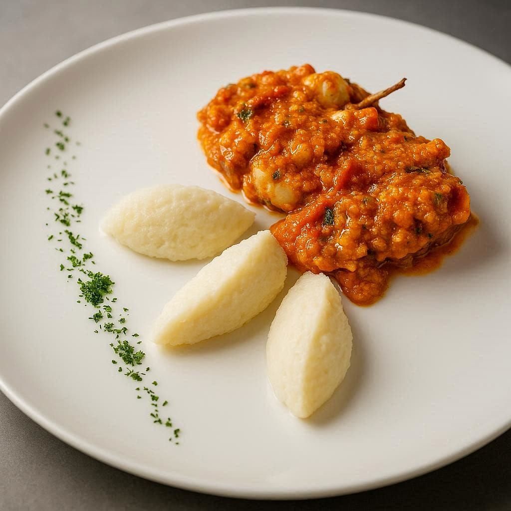 Piatto bianco con due spiedini di salsa all'arancia e tre ravioli bianchi, guarniti con erbe aromatiche.