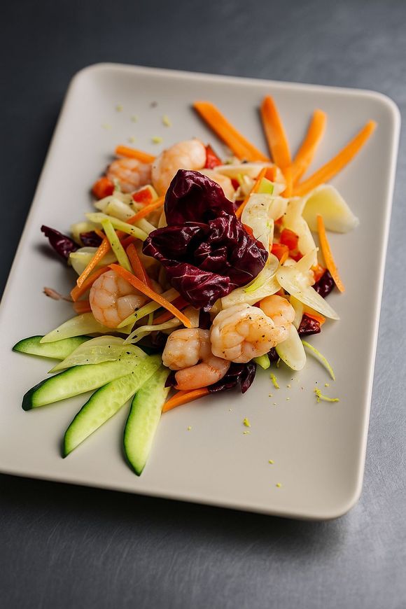 Insalata di gamberi con fette di avocado, bastoncini di carota e salsa ai frutti di bosco su un piatto bianco.