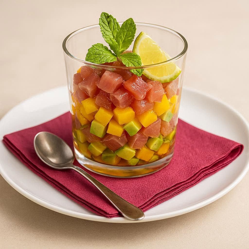 Dessert di frutta a strati in un bicchiere, guarnito con menta e lime, servito su un piatto bianco con cucchiaio e tovagliolo.