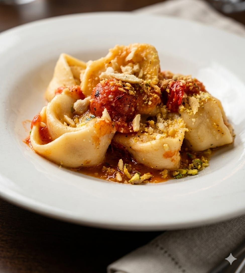 Pasta condita con salsa di pomodoro e formaggio grattugiato su un piatto bianco.