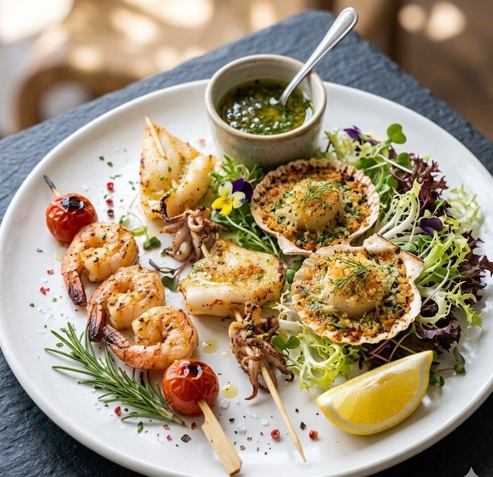 Tre capesante al forno con il guscio, disposte su un piatto bianco e guarnite con erbe aromatiche e pangrattato.