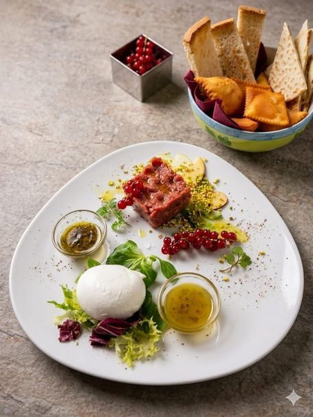 Piatto di frutti di mare con cozze, gamberi e fette di pane disposte su un piatto