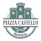 Logo di Piazza Castello Hostaria con un castello stilizzato, forchetta e cucchiaio, nei toni del verde e del beige tenui.