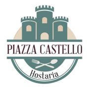 Logo di Piazza Castello Hostaria con un castello stilizzato, forchetta e cucchiaio, nei toni del verde e del beige tenui.