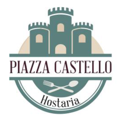 Logo di Piazza Castello Hostaria con un castello stilizzato, forchetta e cucchiaio, nei toni del verde e del beige tenui.