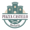Logo di Piazza Castello Hostaria con un castello stilizzato, forchetta e cucchiaio, nei toni del verde e del beige tenui.