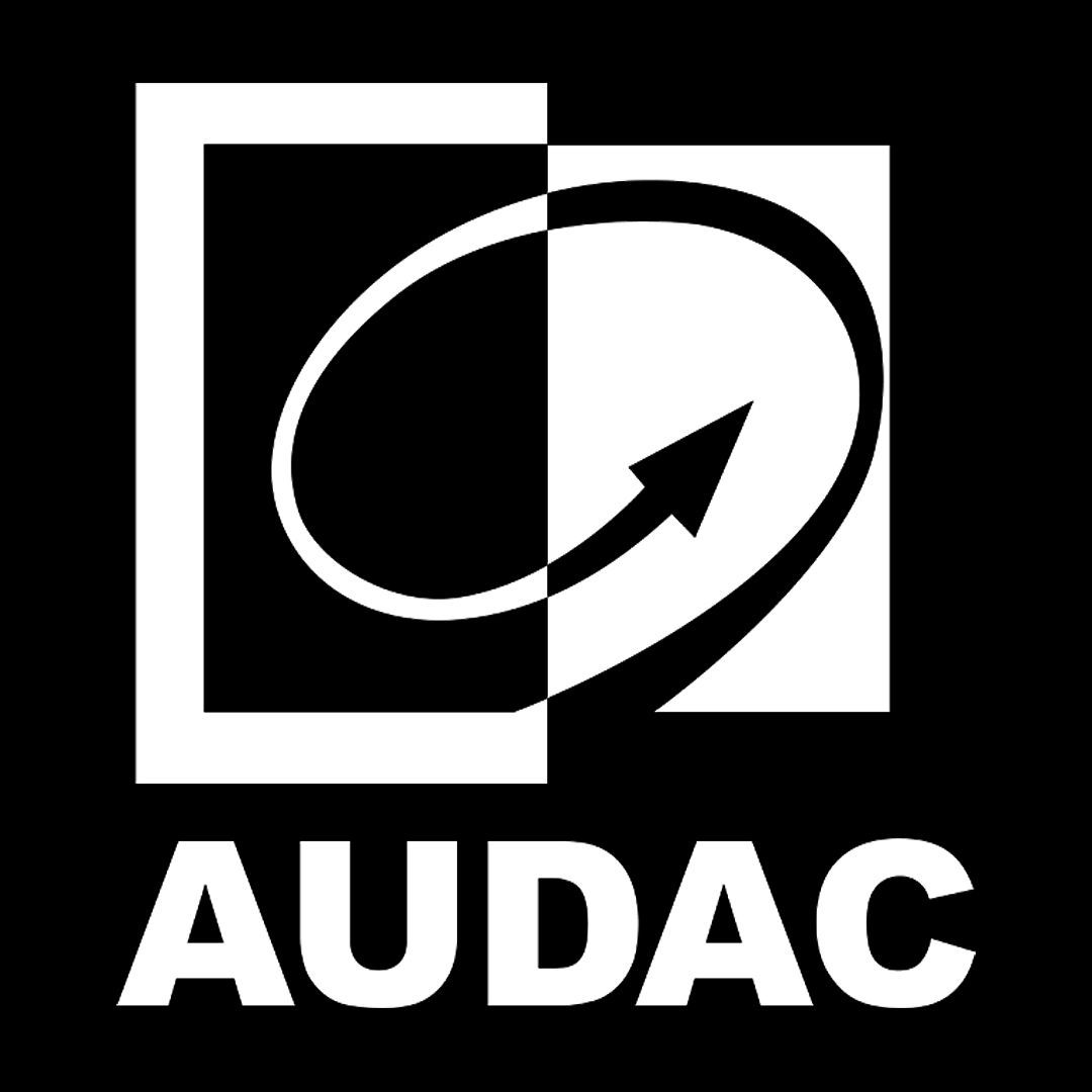A black and white logo for audac with an arrow