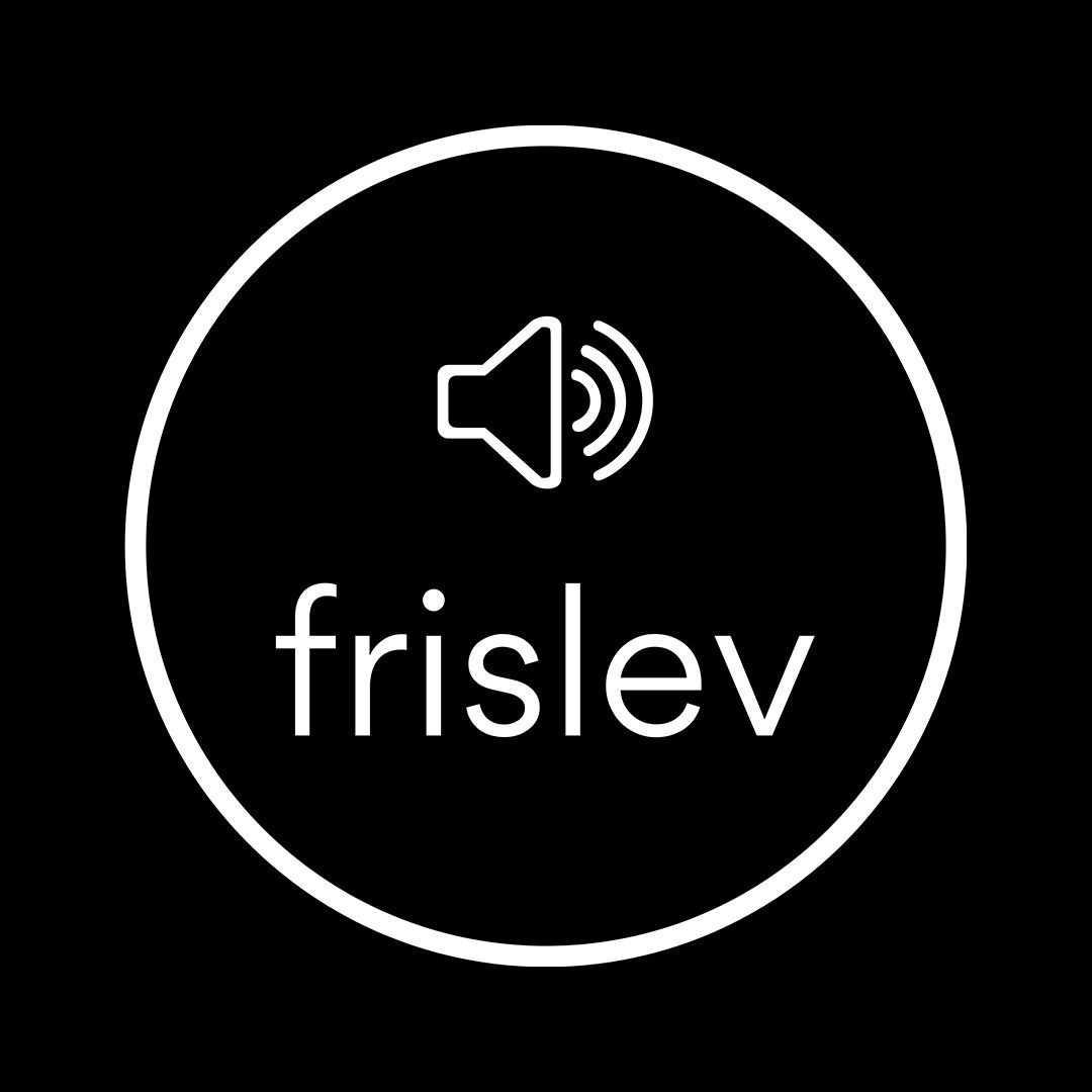 A white circle with the word frislev and a speaker inside of it.