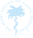 The logo for the society of plastic surgeons in miami shows a palm tree and a caduceus.