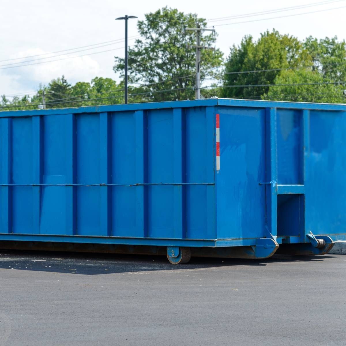 Blue dumpster on wheels in a parking lot, with trees and power lines visible in the background.