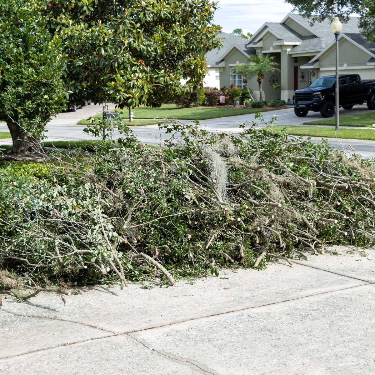 Pile of freshly trimmed green tree branches and foliage on a sidewalk in front of a suburban house.