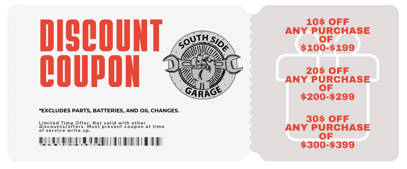 Coupon offering discounts: $10 off $100-$199, $20 off $200-$299, $30 off $300-$399. Excludes parts, batteries, oil changes.