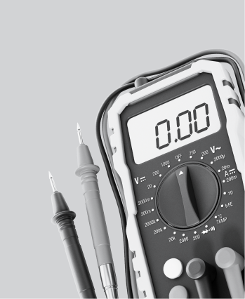 Multimeter with probes, display reads 