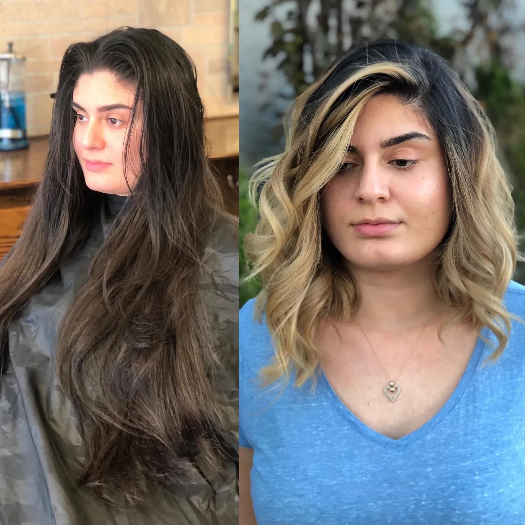 Before-and-after hair transformation: Long dark hair versus short wavy blonde hair. Person in blue shirt.