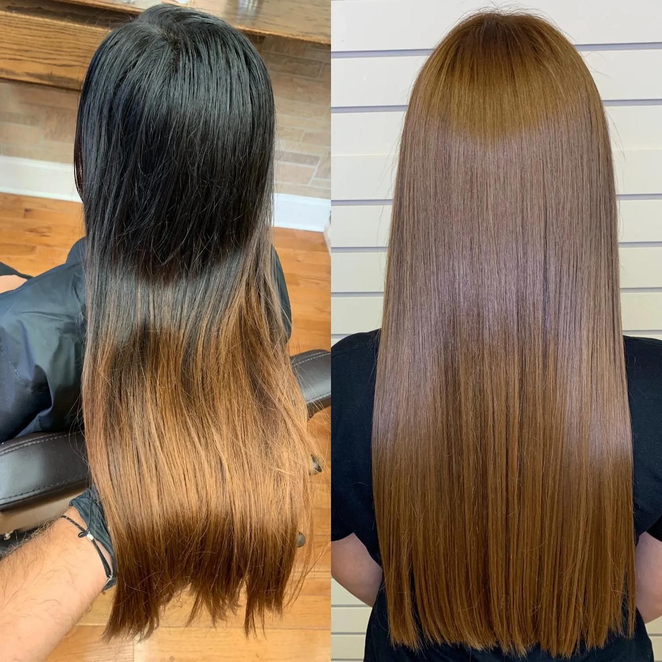 Before and after hair transformation: dark hair fades to brown, then smoothed to a solid chestnut color.