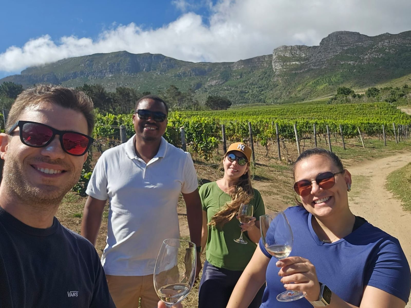 A group of people are standing in a vineyard holding wine glasses.