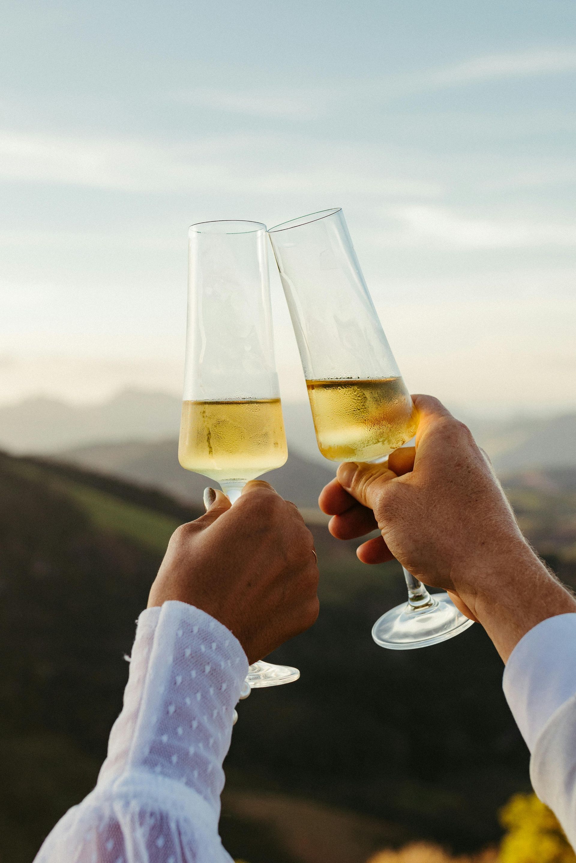 Two hands holding champagne flutes clink, against a scenic mountain backdrop, cheers to the moment.