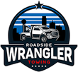 Roadside Wrangler Towing logo. Tow truck with city skyline backdrop.