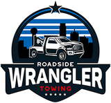 Roadside Wrangler Towing logo featuring a tow truck in front of a city skyline with a blue and white color scheme.