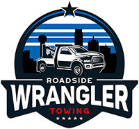 Roadside Wrangler Towing logo featuring a tow truck in front of a city skyline with a blue and white color scheme.