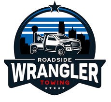 Logo: Tow truck in front of a city skyline. 