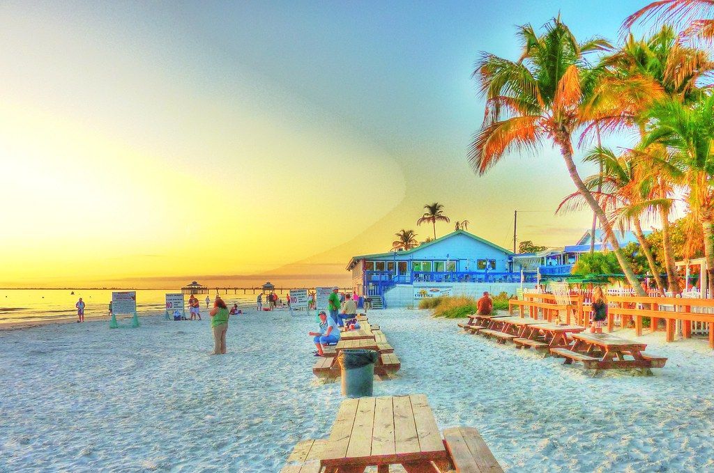 A beach with palm trees and picnic tables at sunset.