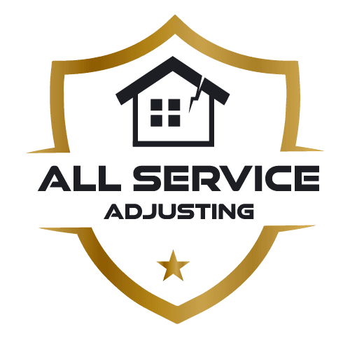 The logo for all service adjusting is a shield with a house on it.