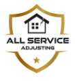 The logo for all service adjusting is a shield with a house on it.
