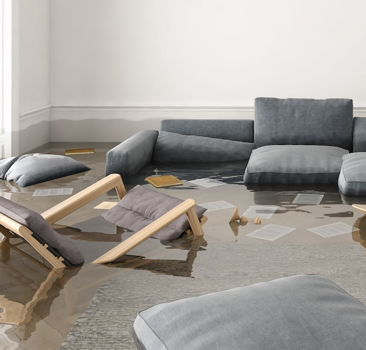 A flooded living room with a couch and chairs