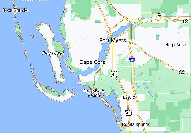 A map showing the location of fort myers and cape coral
