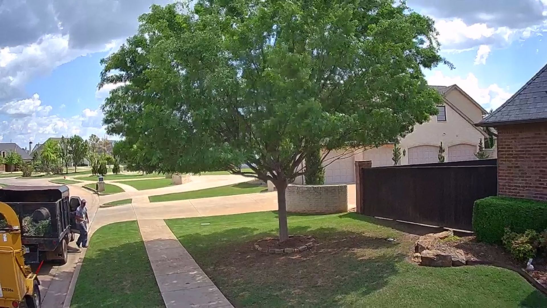 A tree is being cut down in front of a house
